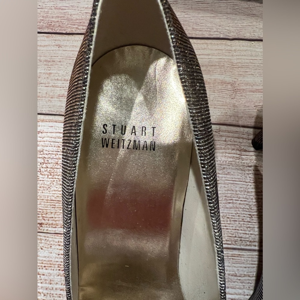 Stuart Weitzman Shoe Size 6 Gold Fabric Shimmer Open Toe Bow Pumps - Picture 5 of 5